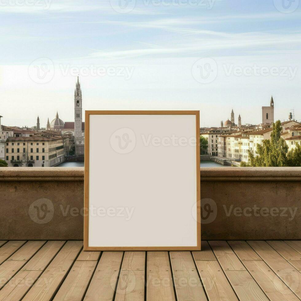 Blank white canvas frame leaning at bridge with rivercity background, Mock up template for adding your design, Generative AI photo