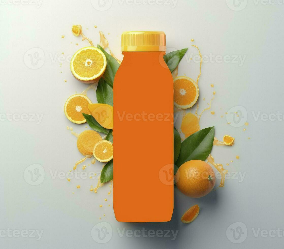 Orange juice drink bottle mockup in 3d illustration on white background, generative AI photo