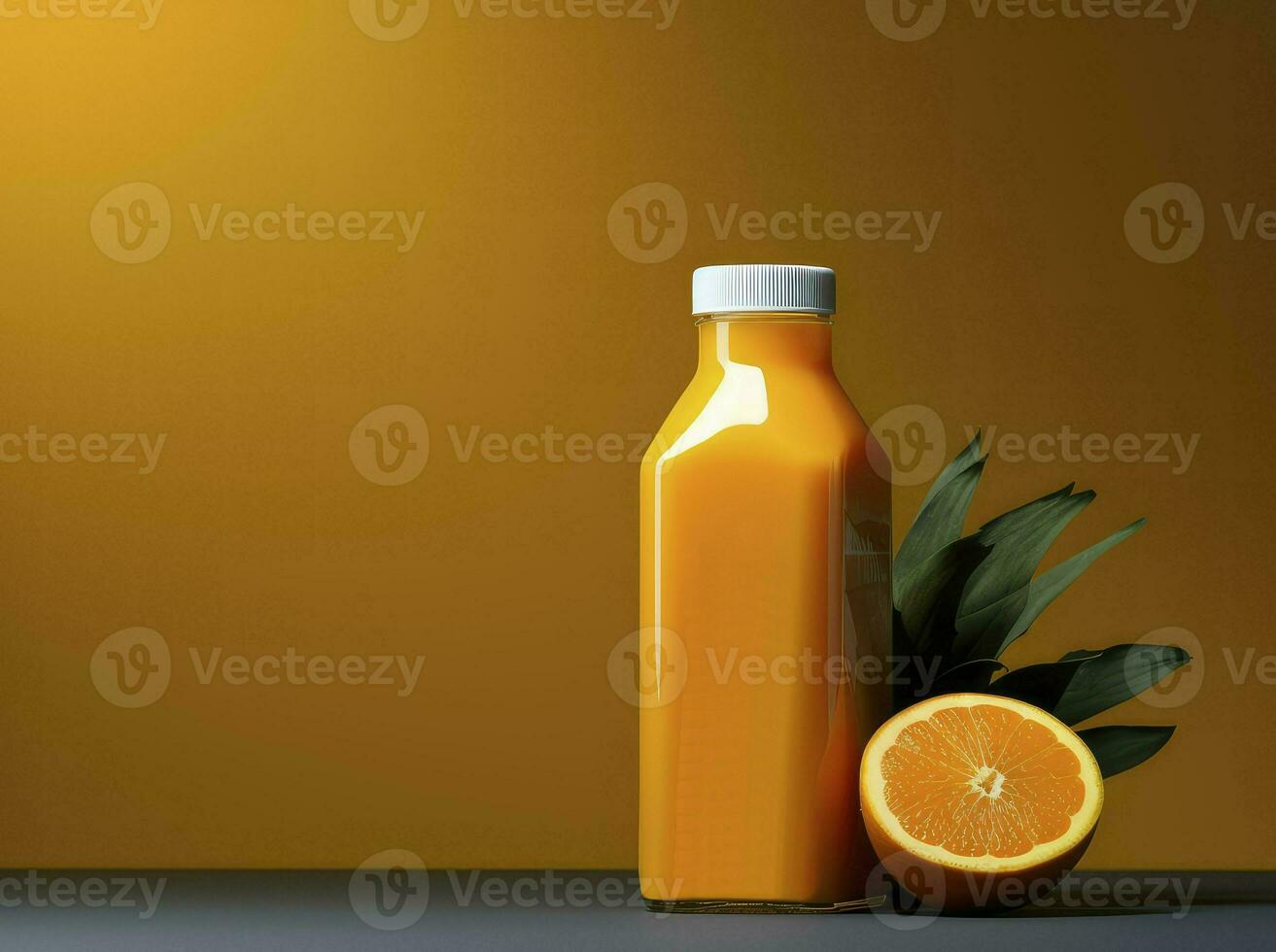 Orange juice drink bottle mockup in 3d illustration on orange background, generative AI photo