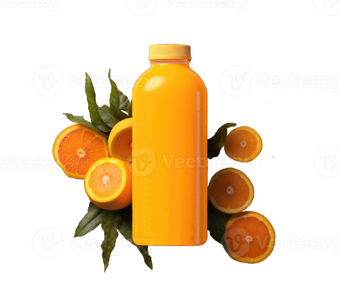 Orange juice drink bottle mockup in 3d illustration on transparent background, generative AI png