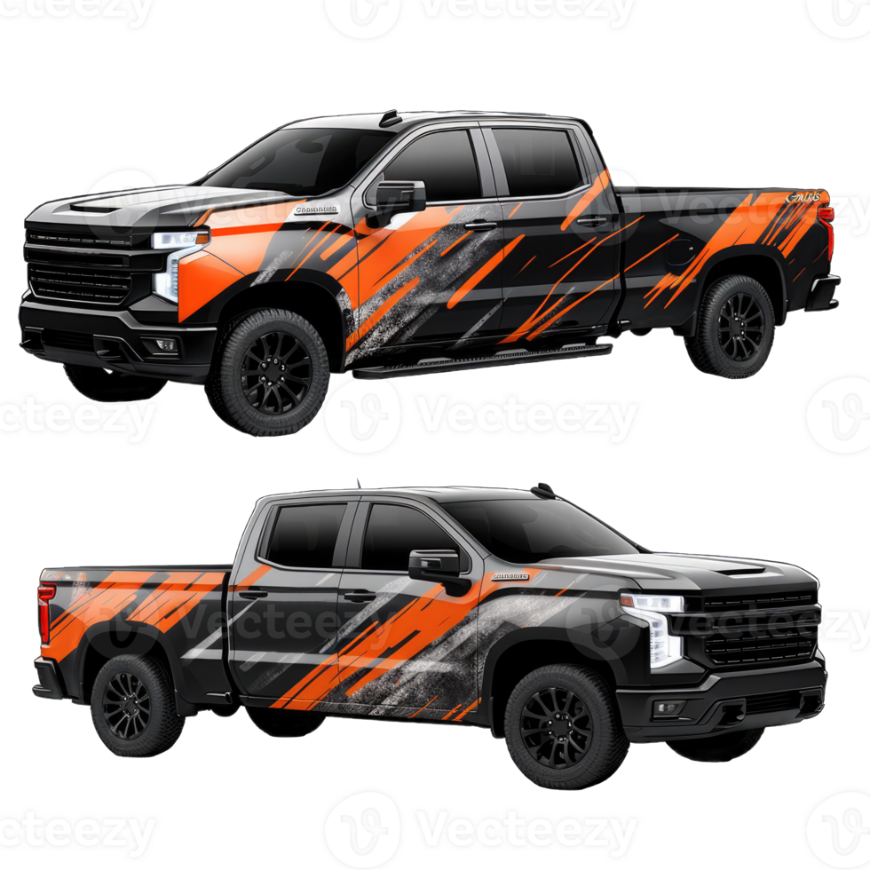 företag skåpbil, lastbil, leverans bil med svart-orange branding design mock-up uppsättning. företag bilar. leverans transport mockup, generativ ai png
