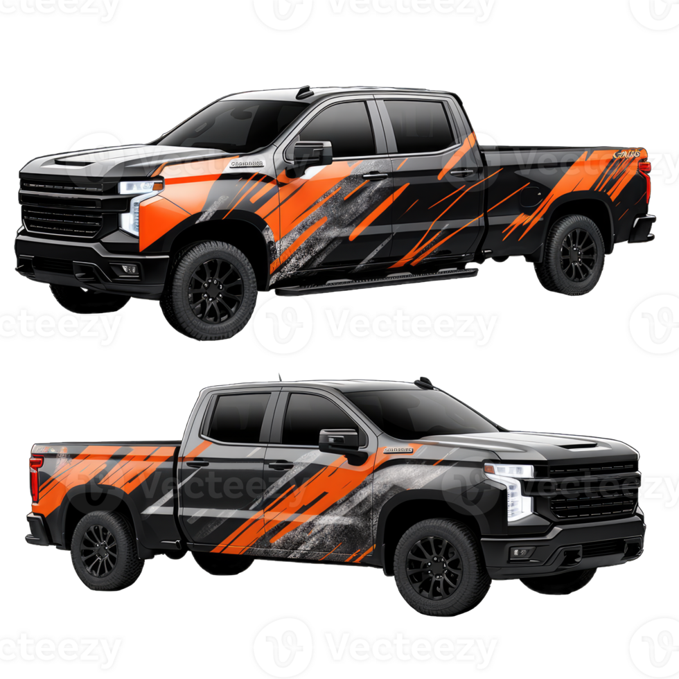 bedrijf bestelwagen, vrachtwagen, levering auto met zwart-oranje branding ontwerp mock-up set. bedrijf auto's. levering vervoer model, generatief ai png