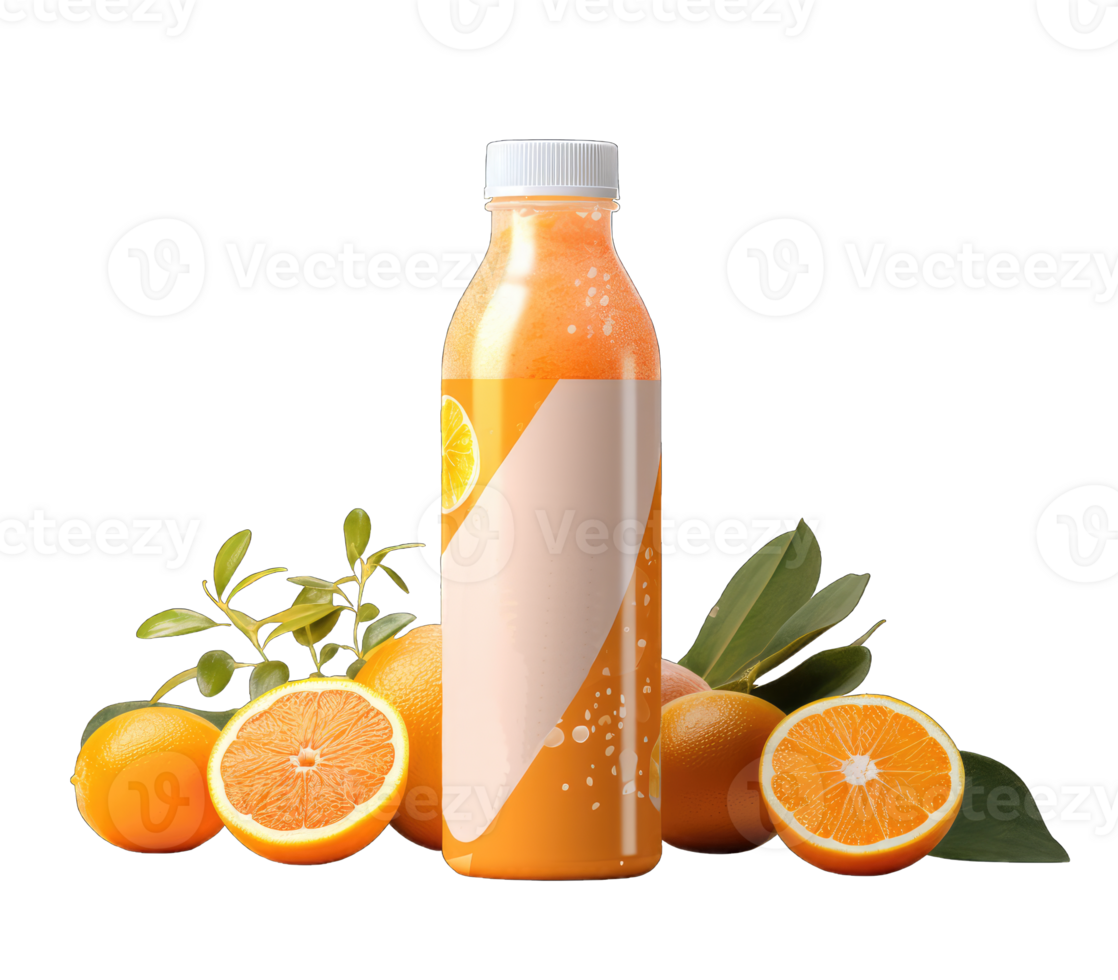 Orange juice drink bottle mockup in 3d illustration on transparent background, generative AI png
