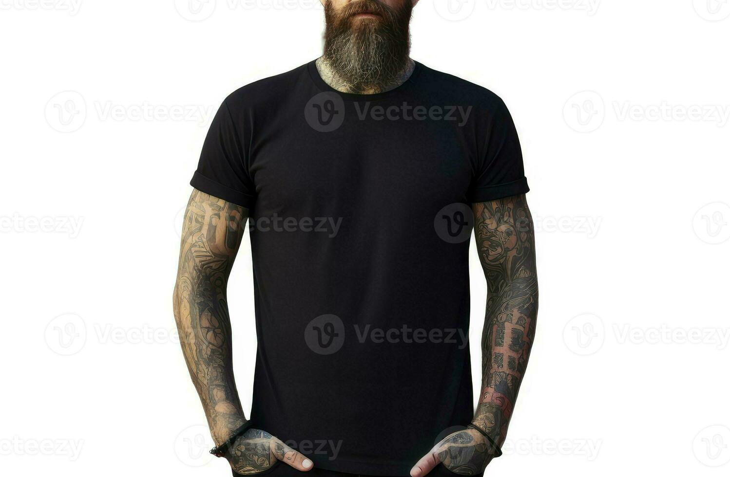 Handsome young man wearing a black casual t-shirt. Front view of a mockup t-shirt for design print, Generative AI photo