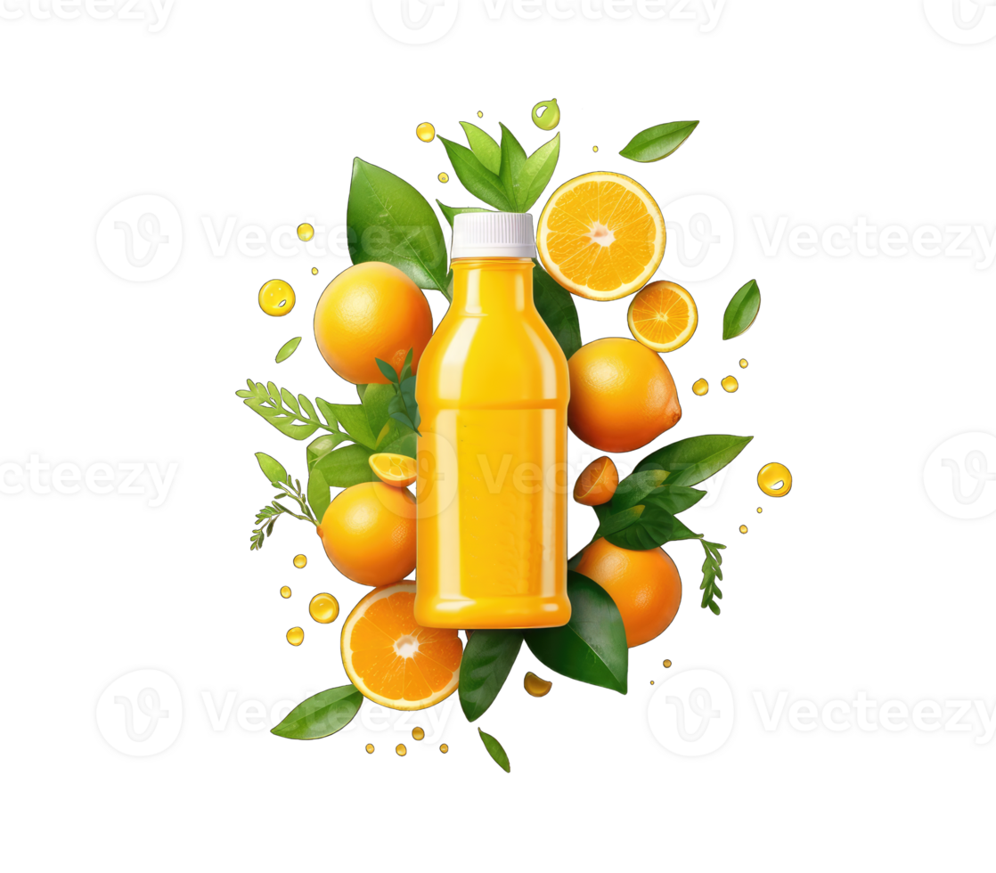 Orange juice drink bottle mockup in 3d illustration on transparent background, generative AI png