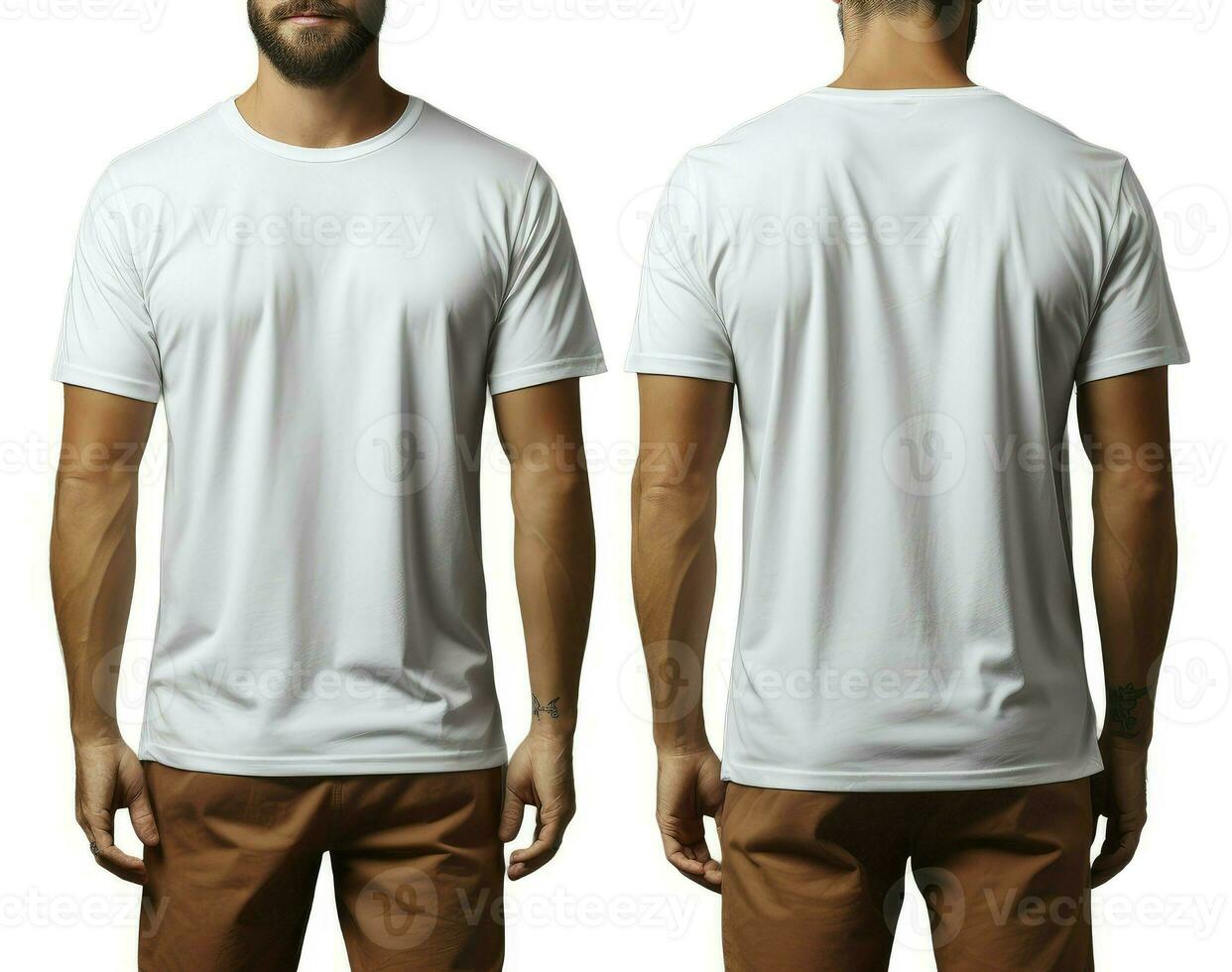 Handsome young man wearing a white casual t-shirt. Front and rear view of a mockup t-shirt for design print, Generative AI photo