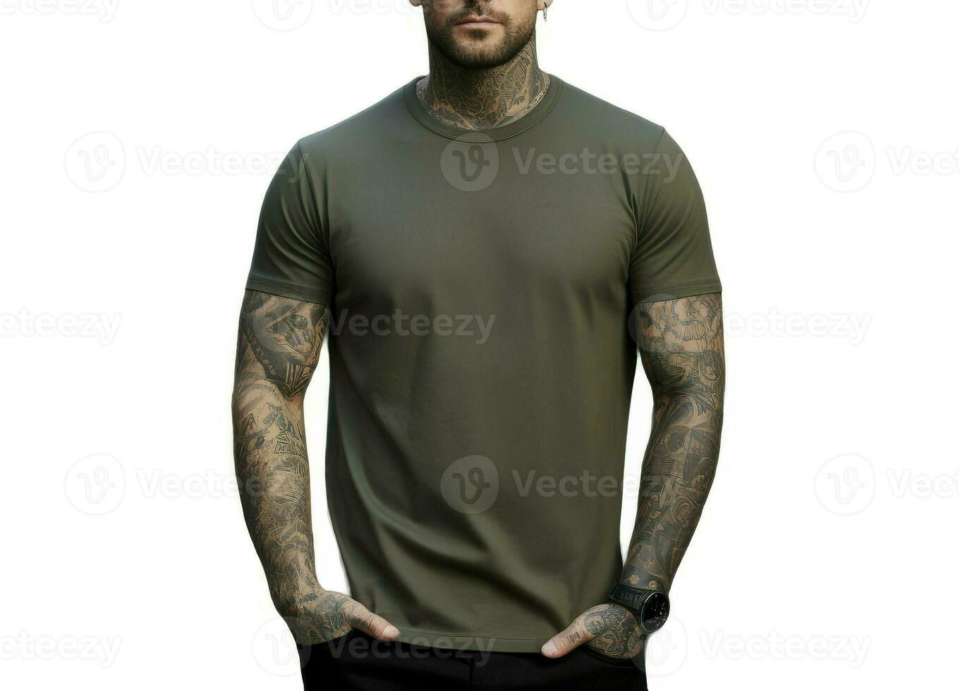 Handsome young man wearing a gray army casual t-shirt. Front view of a mockup t-shirt for design print, Generative AI photo
