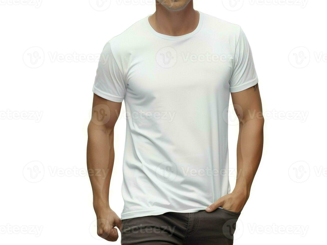 Handsome young man wearing a white casual t-shirt. Front view of a mockup t-shirt for design print, Generative AI photo