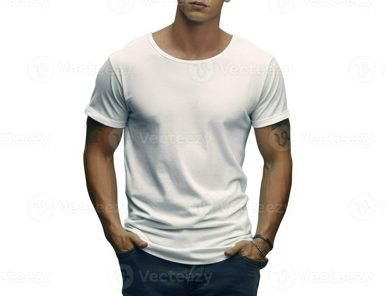 Handsome young man wearing a white casual t-shirt. Front view of a mockup t-shirt for design print, Generative AI photo