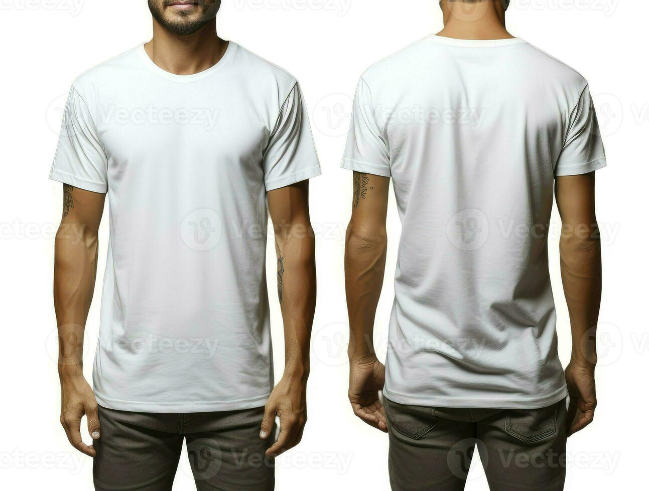 hermoso joven hombre vistiendo un blanco casual camiseta. frente y posterior ver de un Bosquejo camiseta para diseño imprimir, generativo ai foto