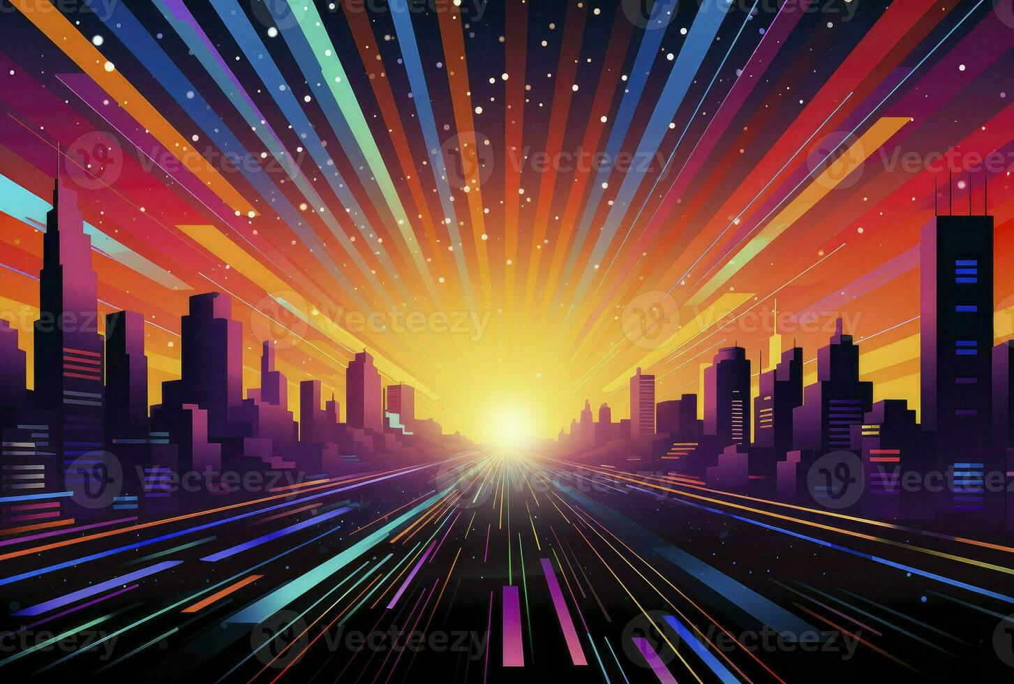 Abstract Backgrounds 80's retro Vector virtual reality smart city vr glasses and holographic simulation concept virtual world game virtual reality in cinema or future metaverse network, generative ai photo