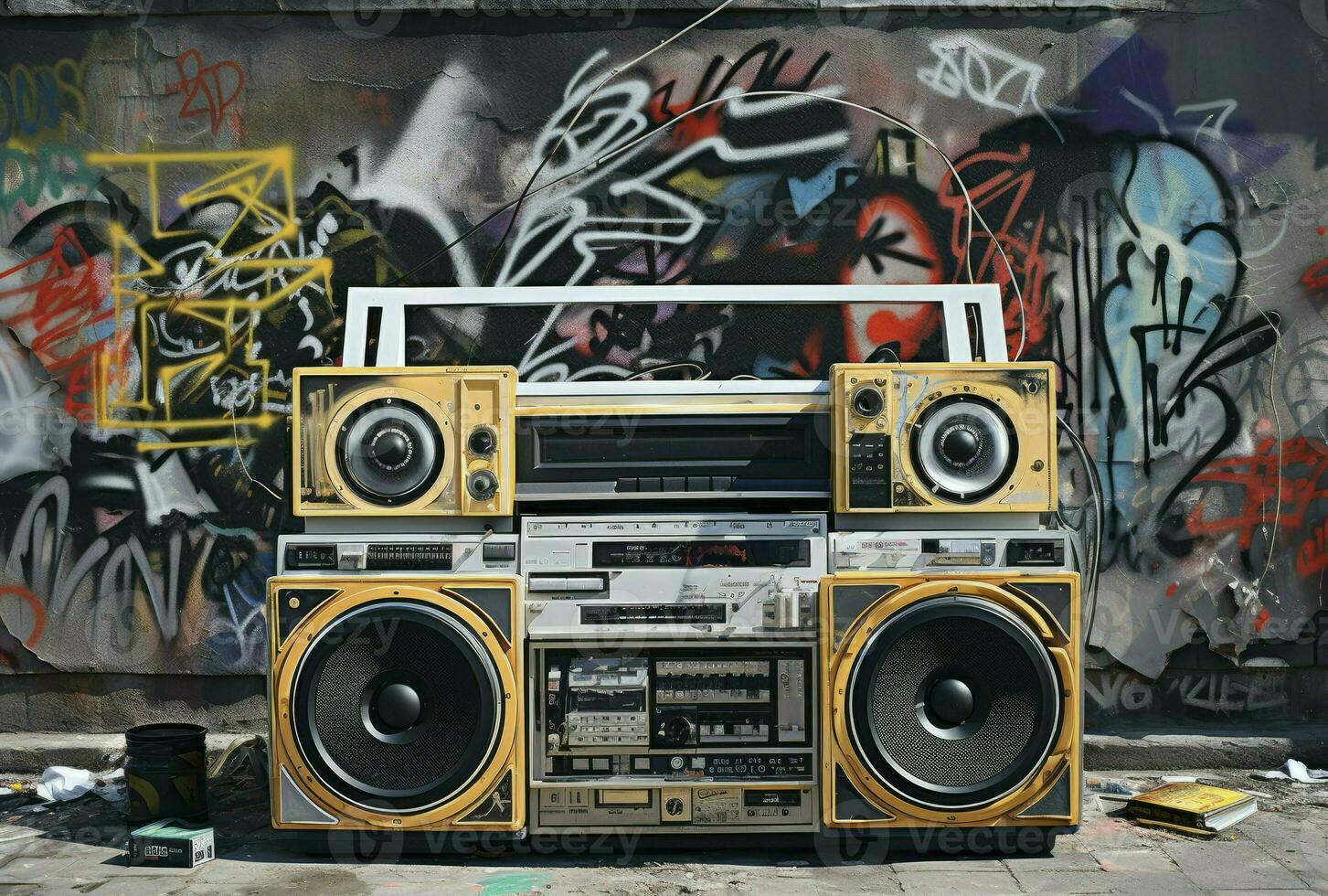 Boombox vector illustration with mural background. 80s technology. 90s music player. Retro style 90s boombox illustration, generative ai photo