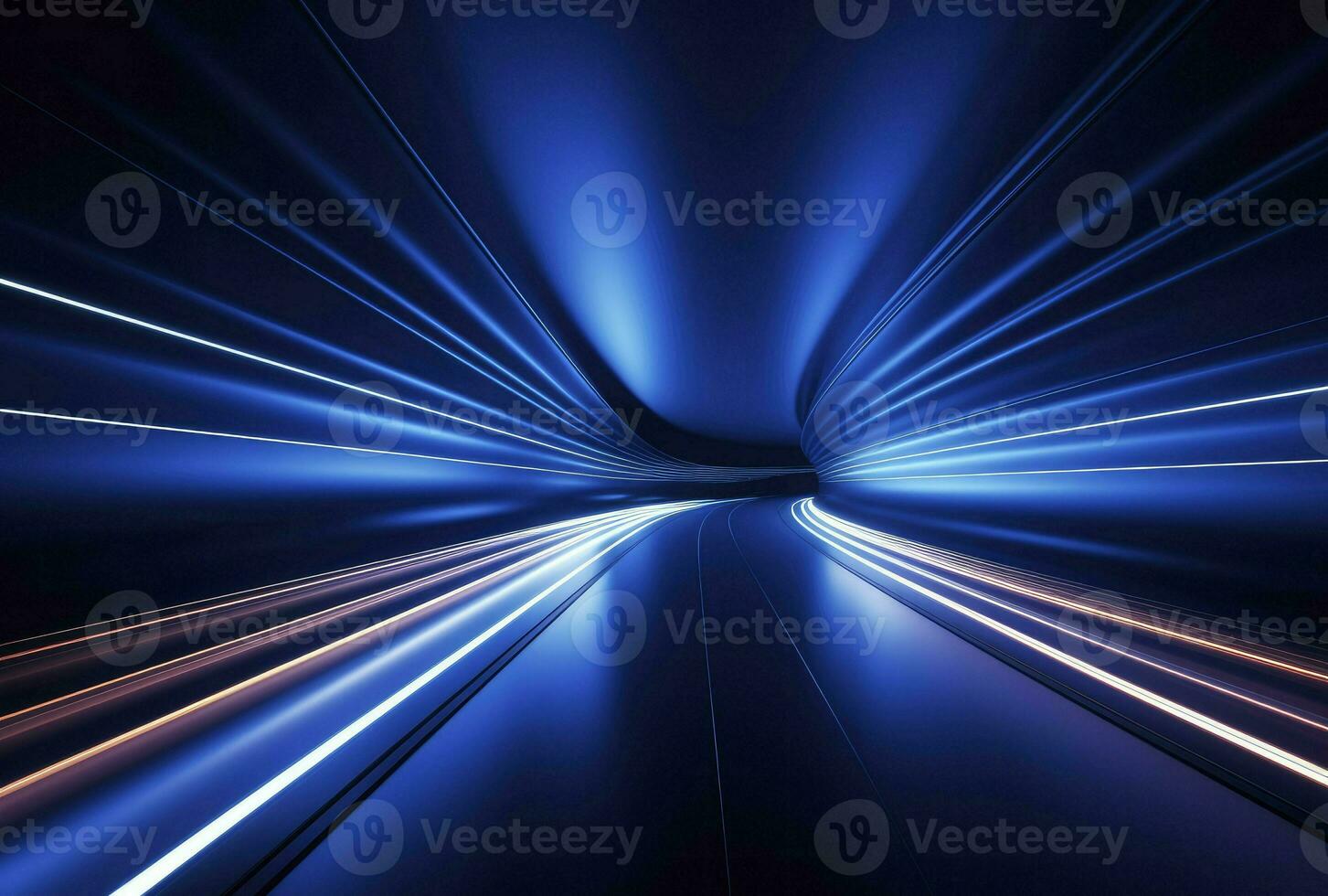 3d rendering, abstract ultraviolet tunnel with neon rays, glowing lines, cyber network, speed of light, highway night lights, space and time strings, generative ai photo