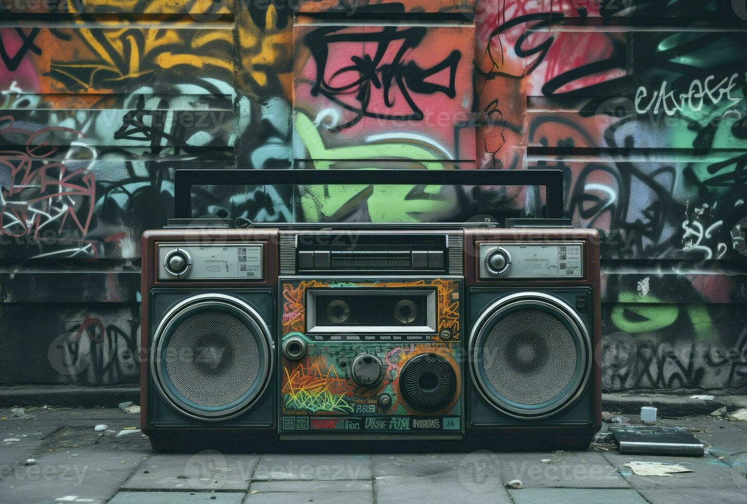 Boombox vector illustration with mural background. 80s technology. 90s music player. Retro style 90s boombox illustration, generative ai photo