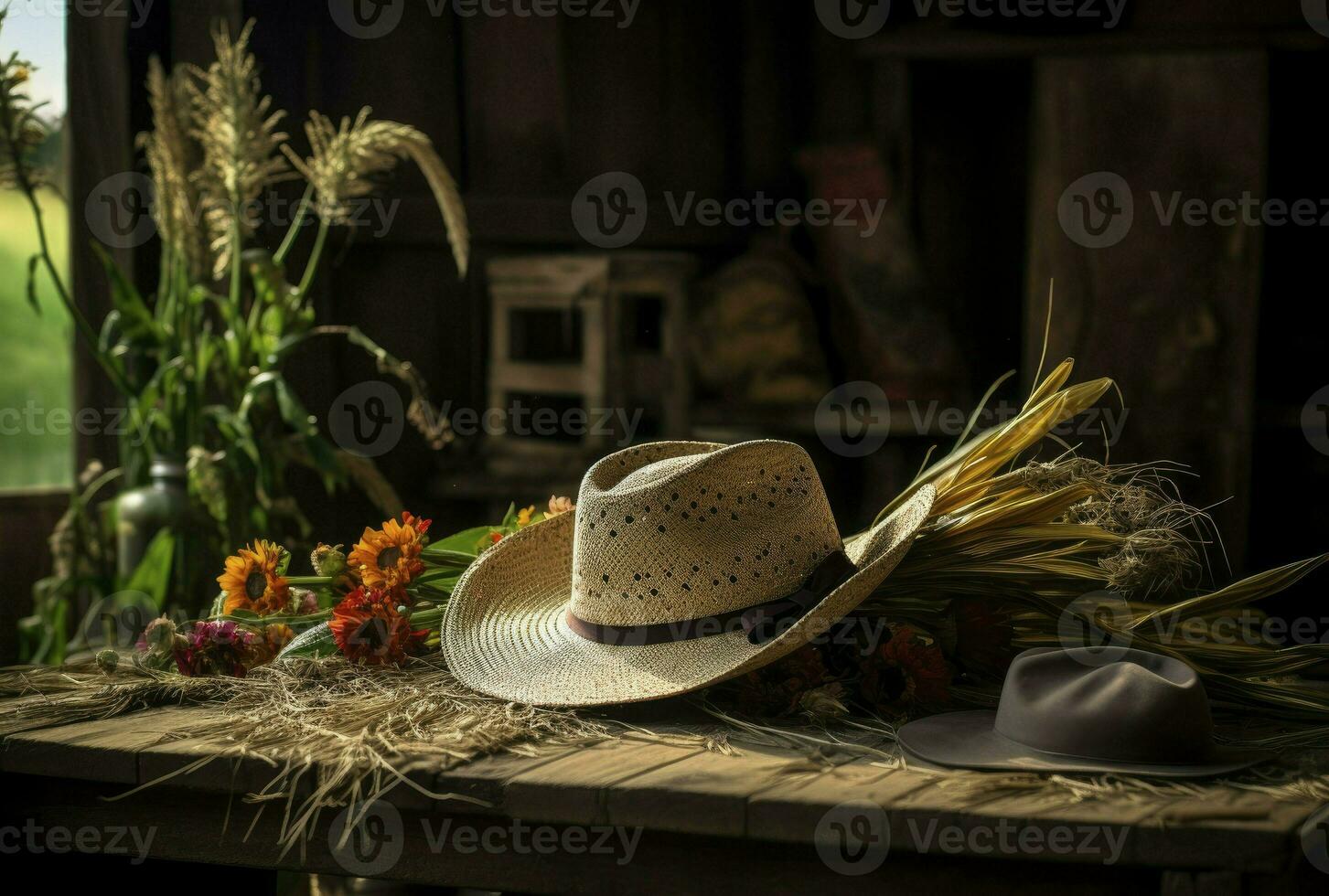 Rustic table with a straw hat, retro expedition style, generative ai photo