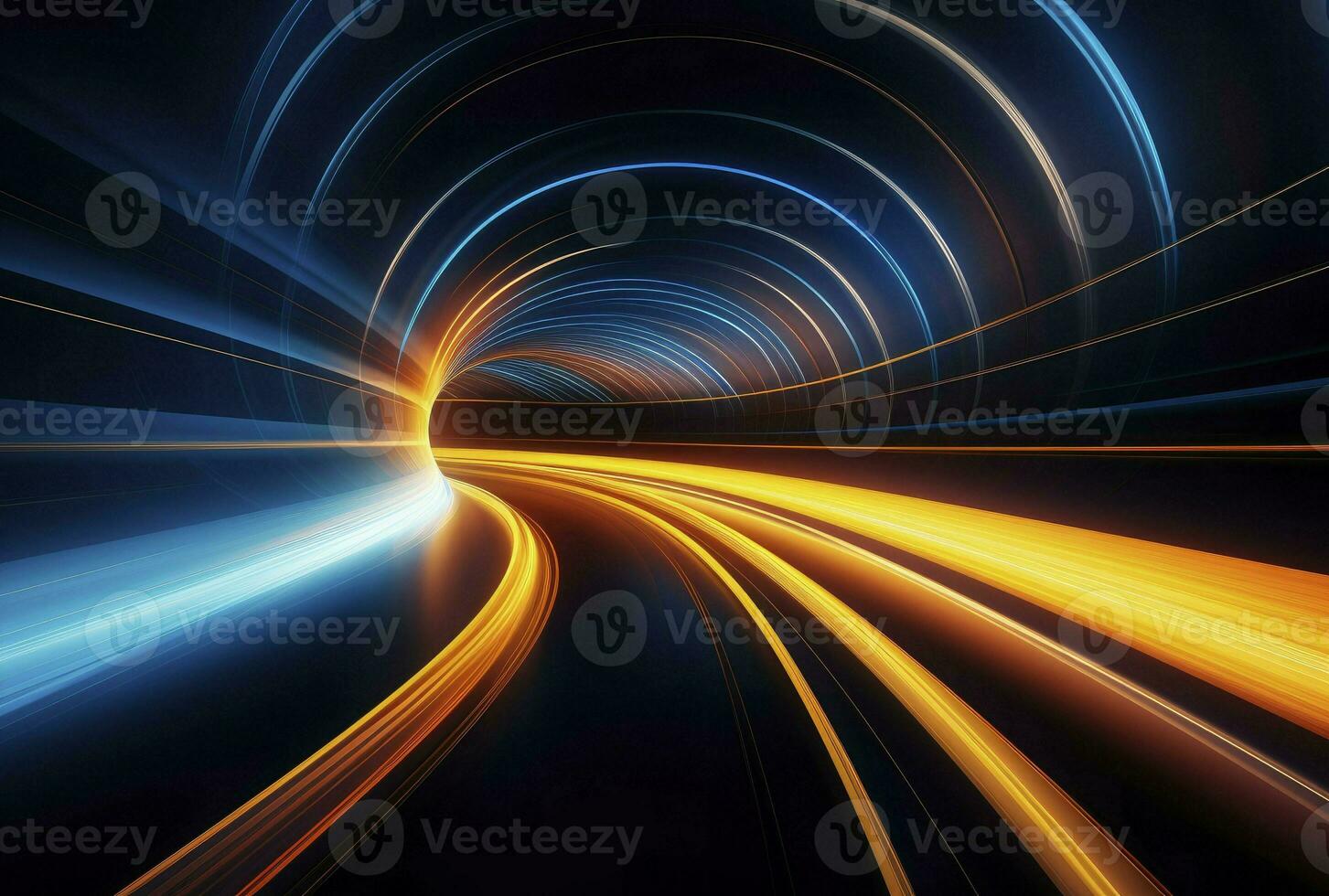 3d rendering, abstract ultraviolet tunnel with neon rays, glowing lines, cyber network, speed of light, highway night lights, space and time strings, generative ai photo