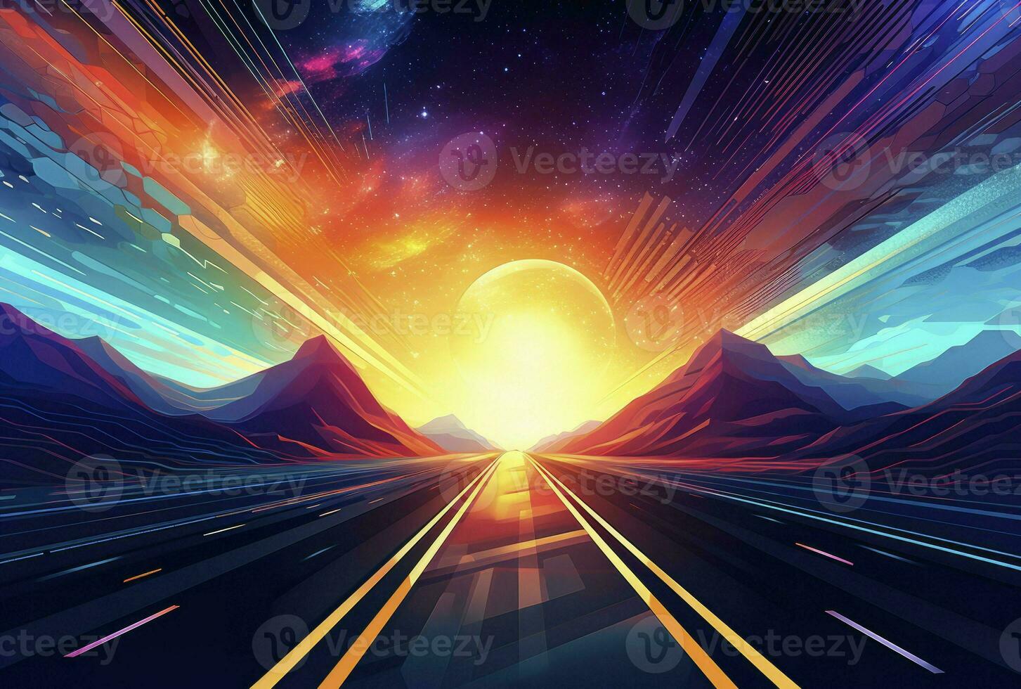 Abstract Backgrounds 80's retro Vector virtual reality street mountain vr glasses and holographic simulation concept virtual world game virtual reality in cinema, generative ai photo