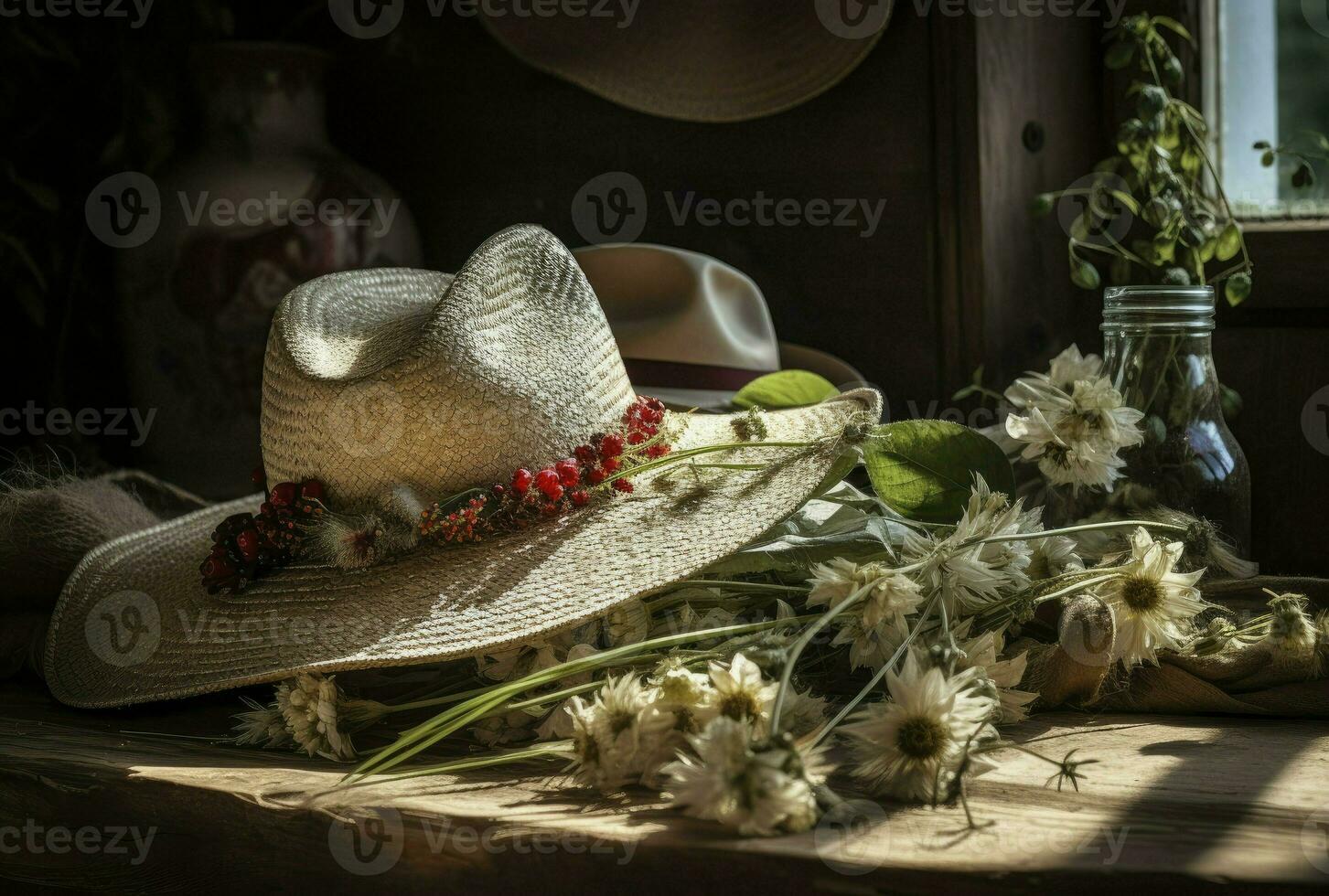 Rustic table with a straw hat, retro expedition style, generative ai photo