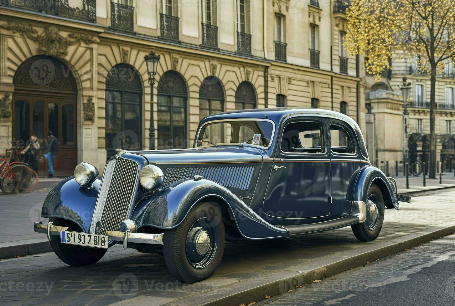 clásico azul citroen coche parque en frente de el edificio, generativo ai foto