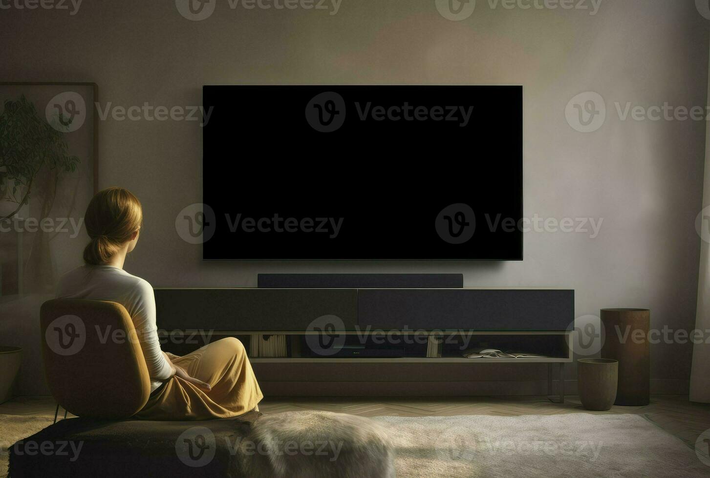 Sitting At Home in the Living Room Watching Key Screen TV, TV Mockup transparent background, Generative AI photo