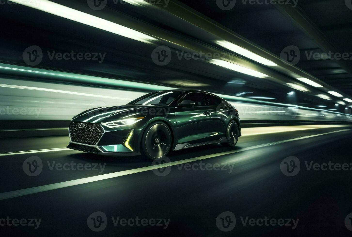 Speeding Sports Car On Neon Highway. Powerful acceleration of a supercar on a night track with colorful lights and trails. 3d render, generative ai photo