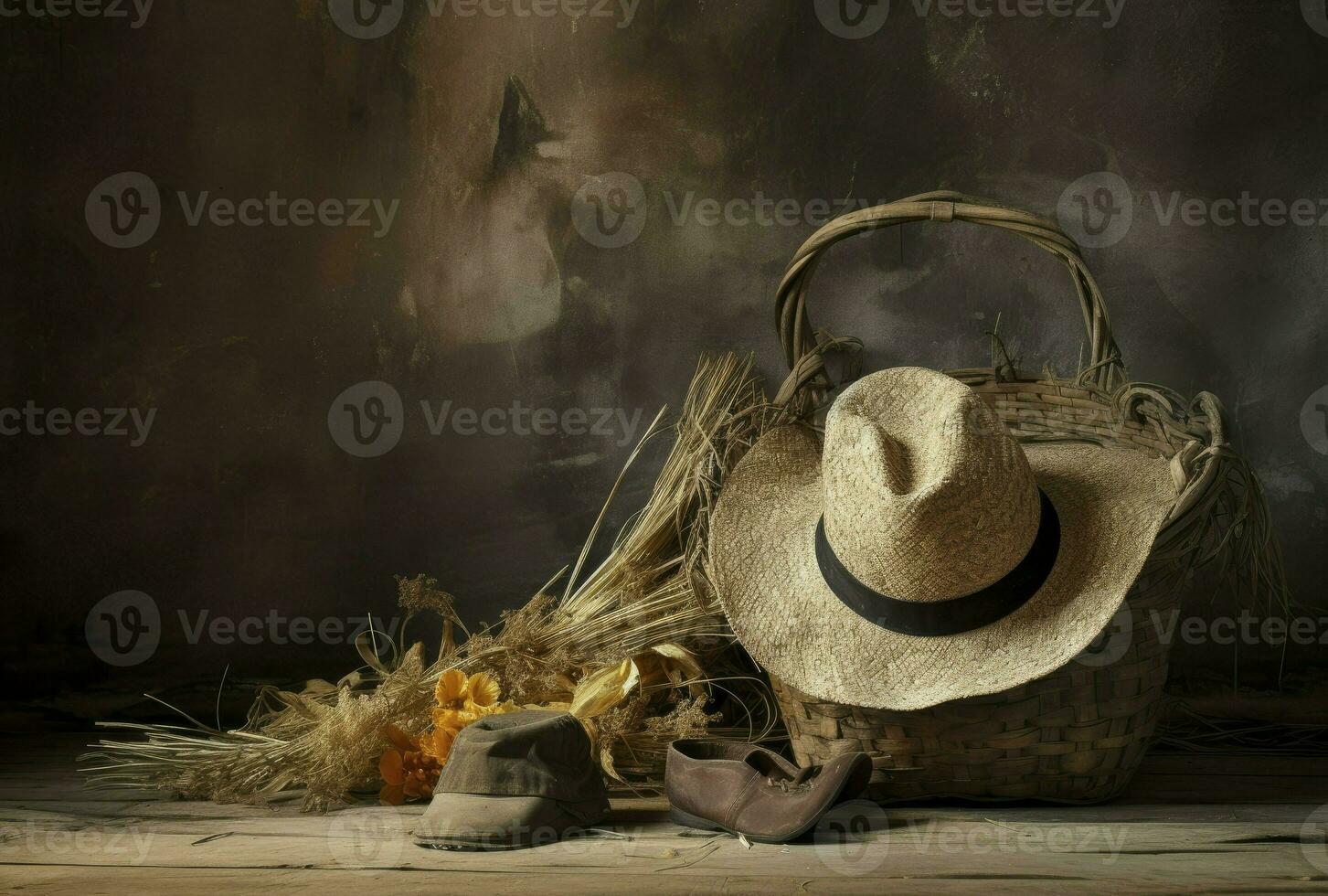 Rustic table with a straw hat, retro expedition style, generative ai photo