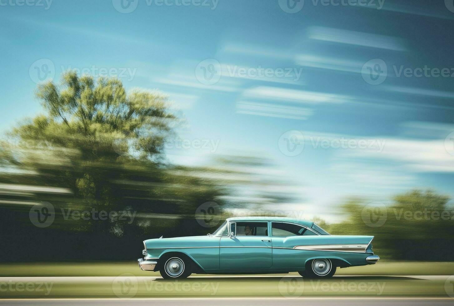 Speeding Classic Car On Highway. Powerful acceleration of a retrocar. 3d render, generative ai photo