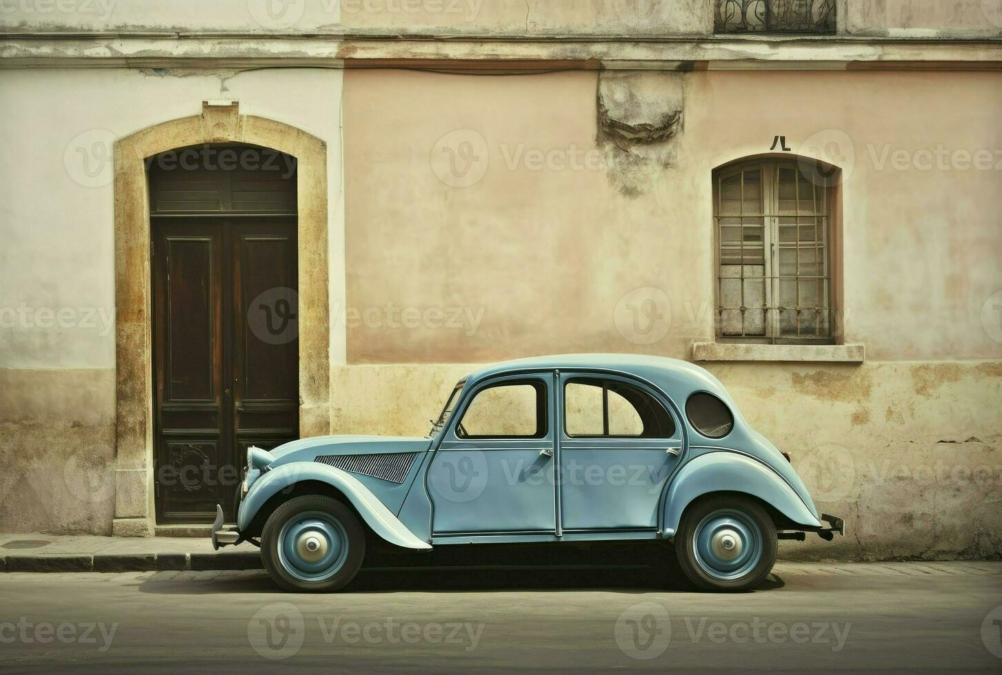 clásico azul citroen coche parque en frente de el edificio, generativo ai foto