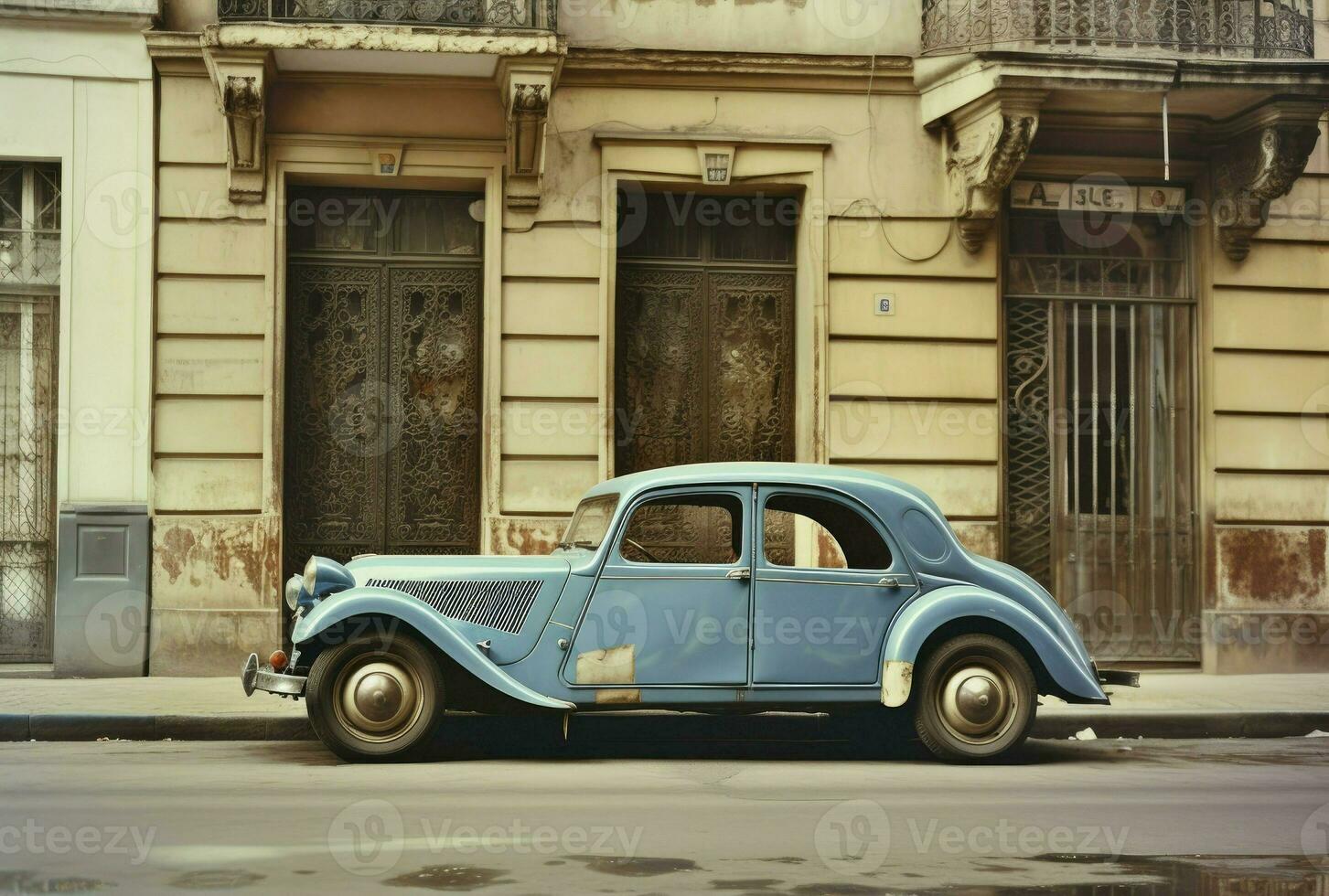 clásico azul citroen coche parque en frente de el edificio, generativo ai foto
