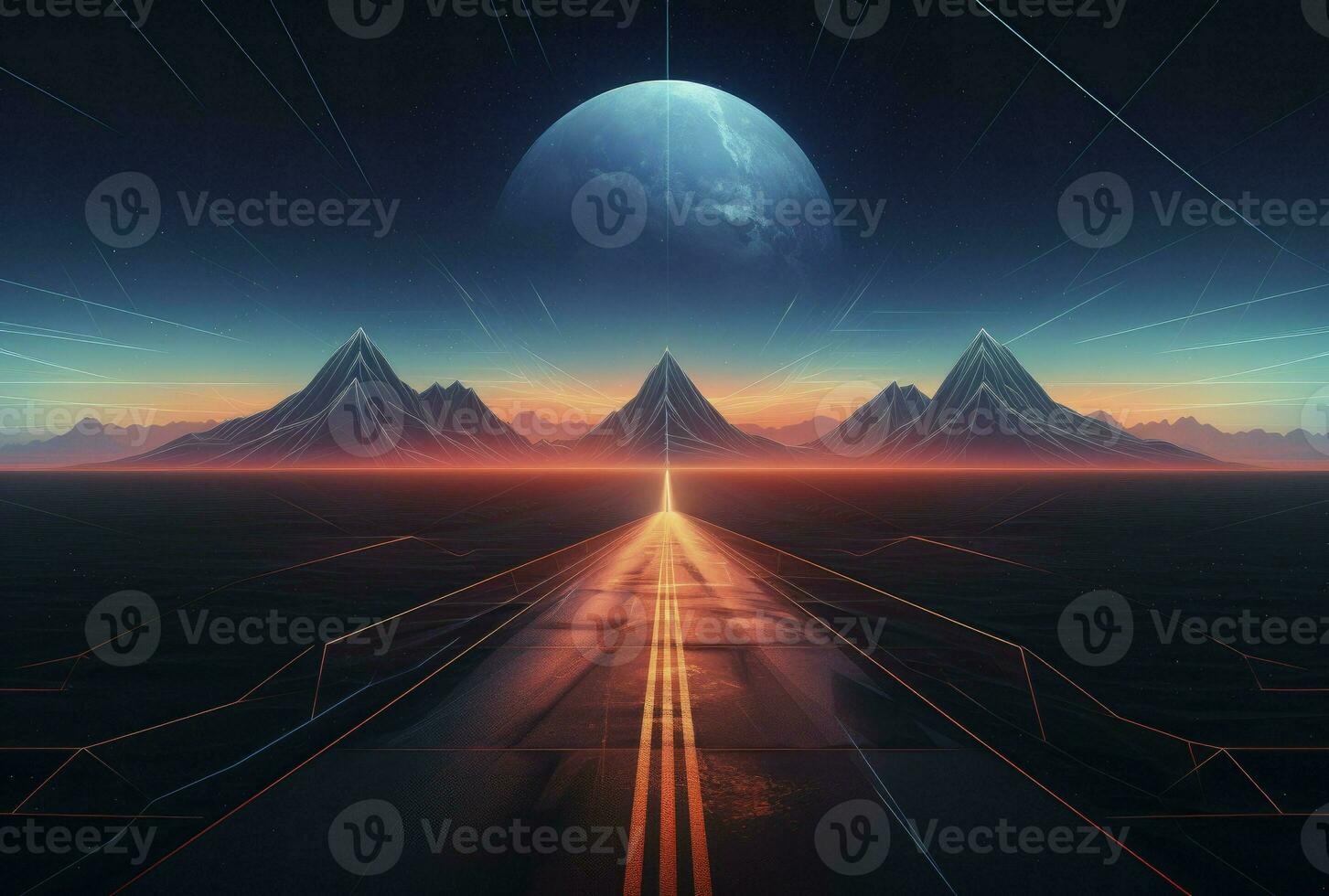 Abstract Backgrounds 80's retro Vector virtual reality street mountain vr glasses and holographic simulation concept virtual world game virtual reality in cinema or future metaverse, generative ai photo