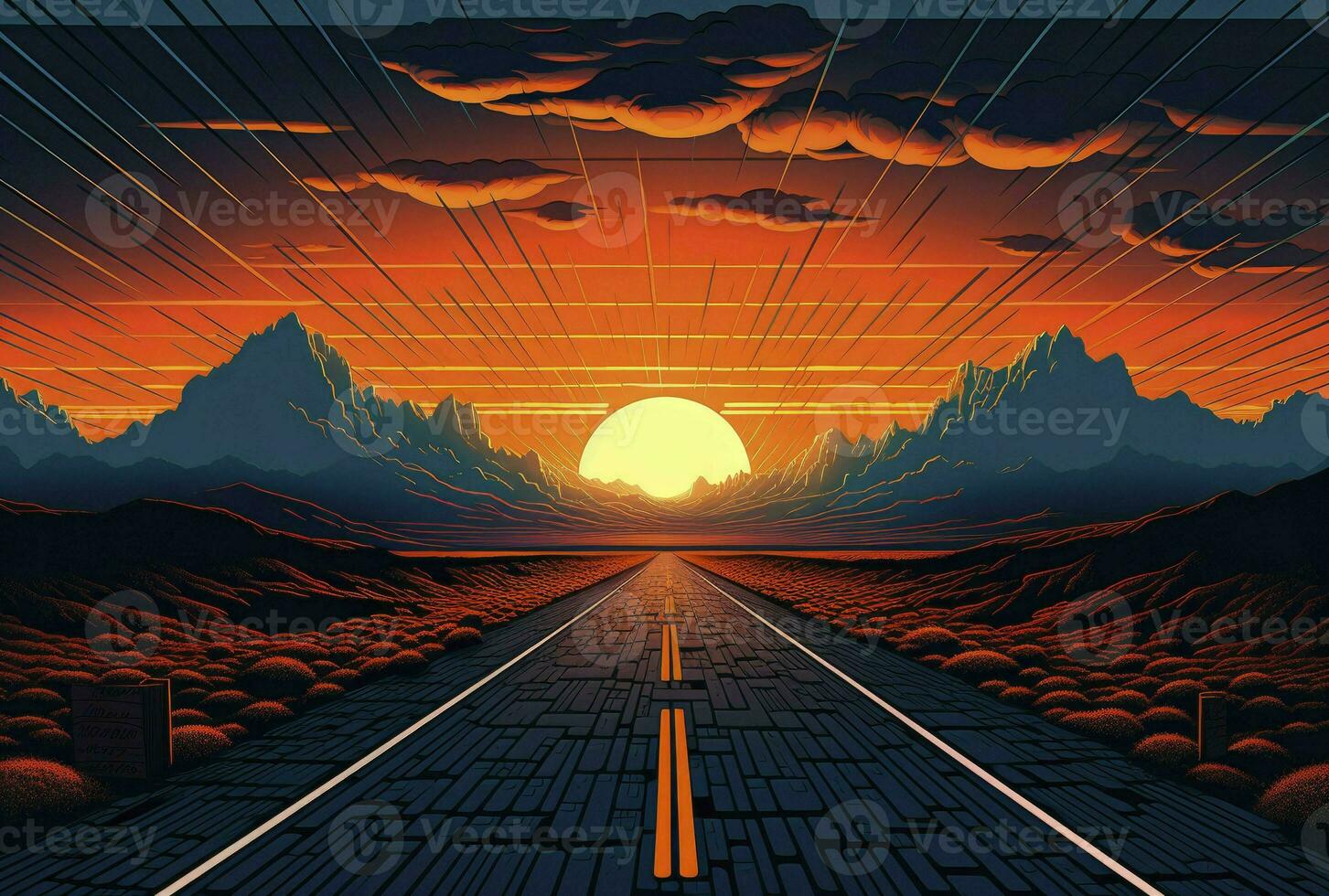 Abstract Backgrounds 80's retro Vector virtual reality street mountain vr glasses and holographic simulation concept virtual world game virtual reality in cinema or future metaverse, generative ai photo