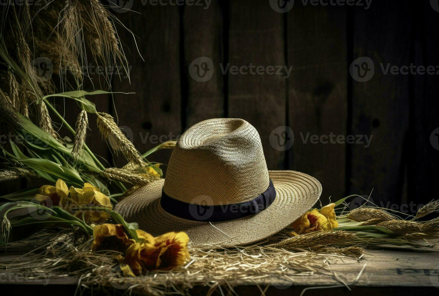 Rustic table with a straw hat, retro expedition style, generative ai photo