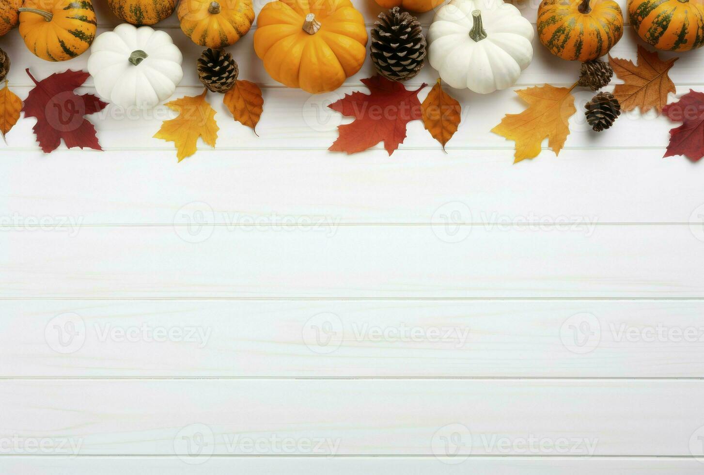 Variety of gourds, squash types and pumpkins. Flat lay composition frame. Copyspace on wooden background. generative ai photo