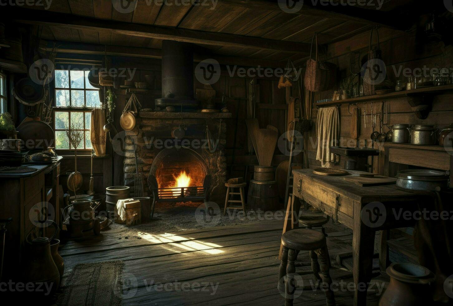 Dark moody medieval tavern inn interior with food and drink on tables, burning open fireplace, candles and daylight through a window. generative ai photo