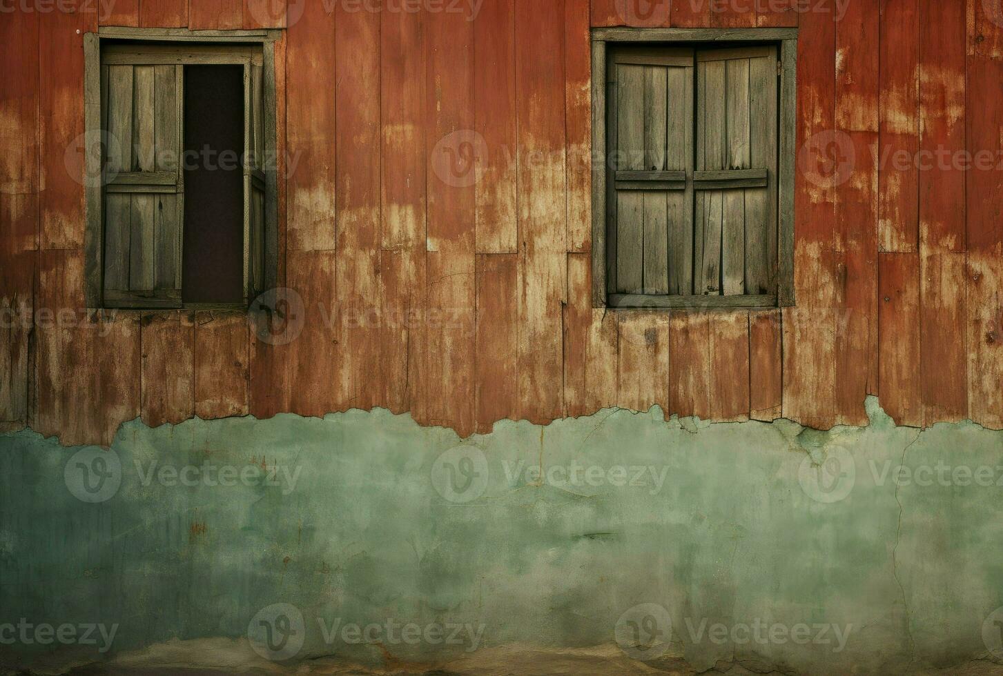 antiguo de madera ventanas en un rojo ladrillo muro, retro y rústico estilo, generativo ai foto