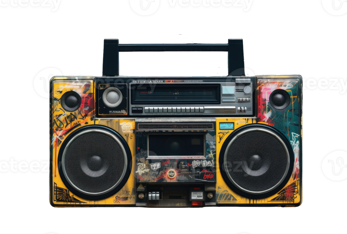 Boombox vector illustration with mural background. 80s technology. 90s ...
