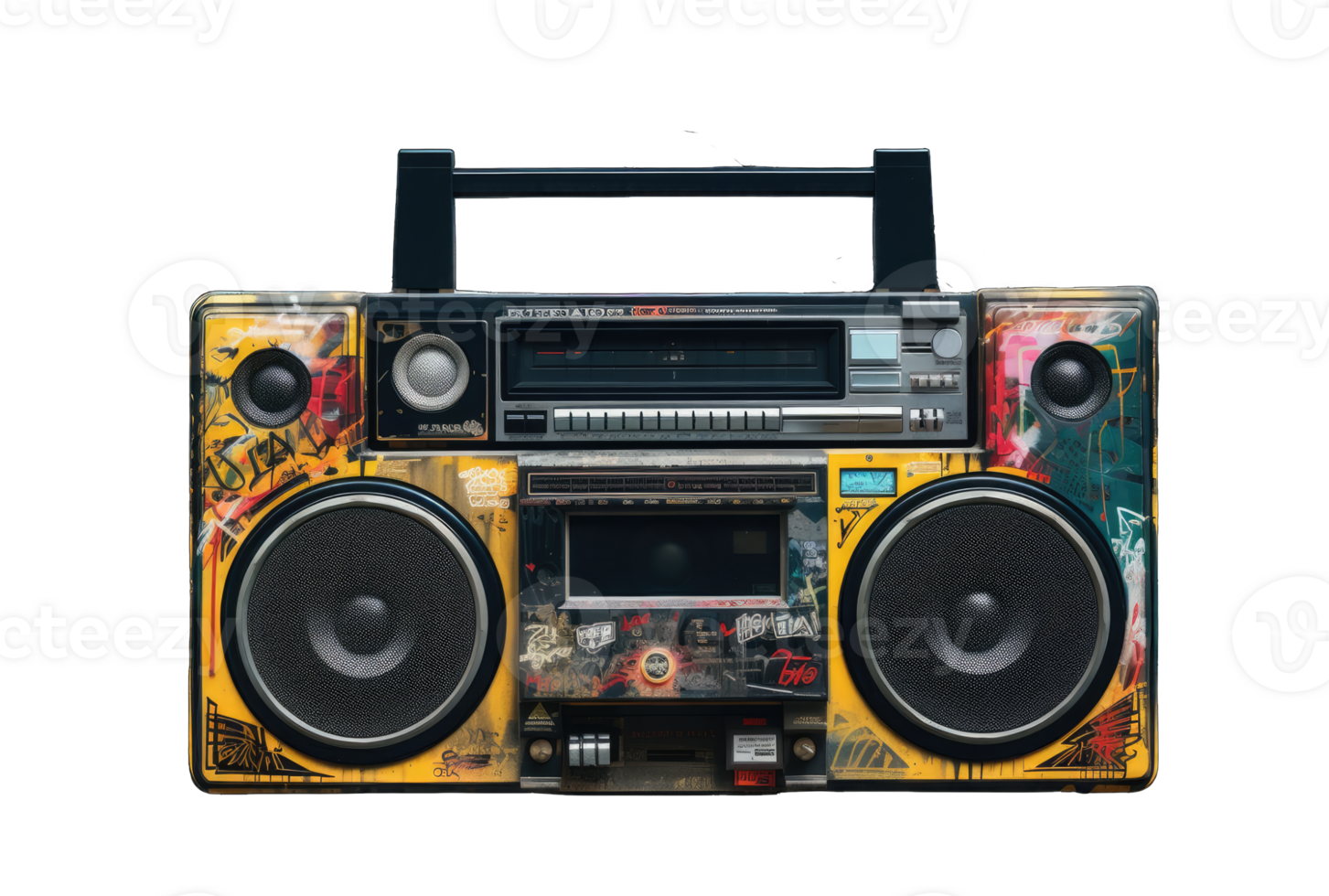 Boombox vector illustration with mural background. 80s technology. 90s music player. Retro style 90s boombox illustration, generative ai png