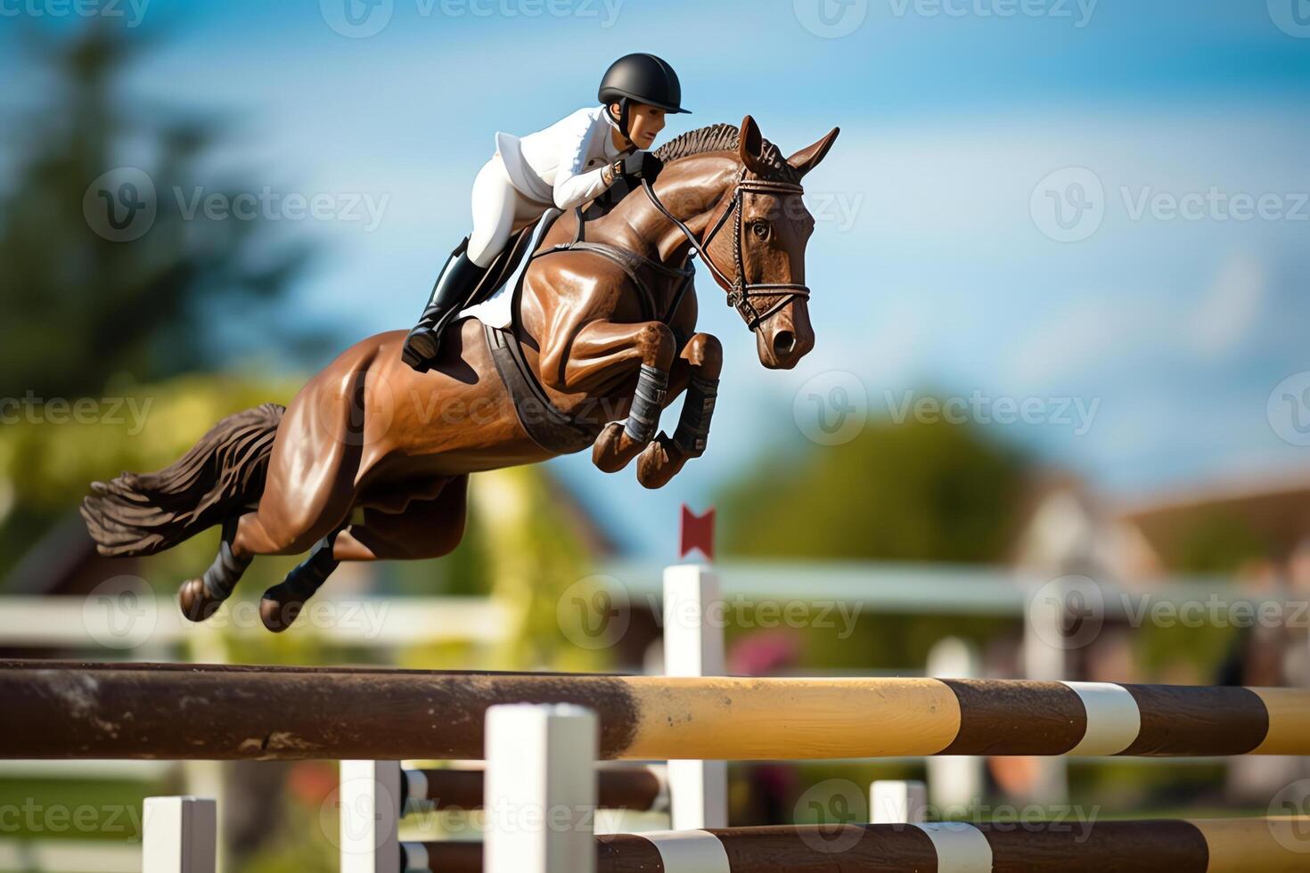 AI Generative Horse and rider jumping a hurdle while competing in