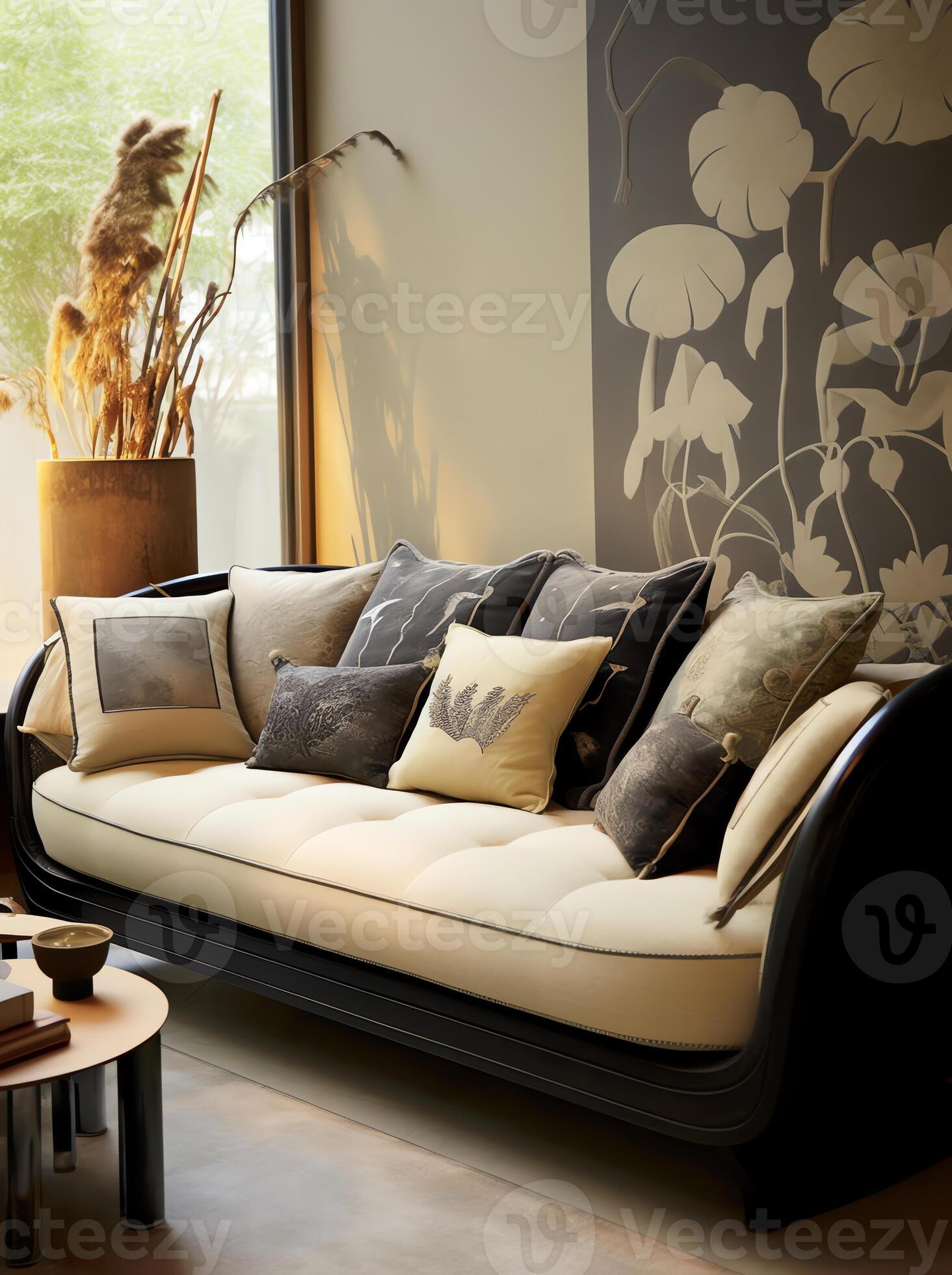 AI Generative Large sofa with cupboard and cushions on display in