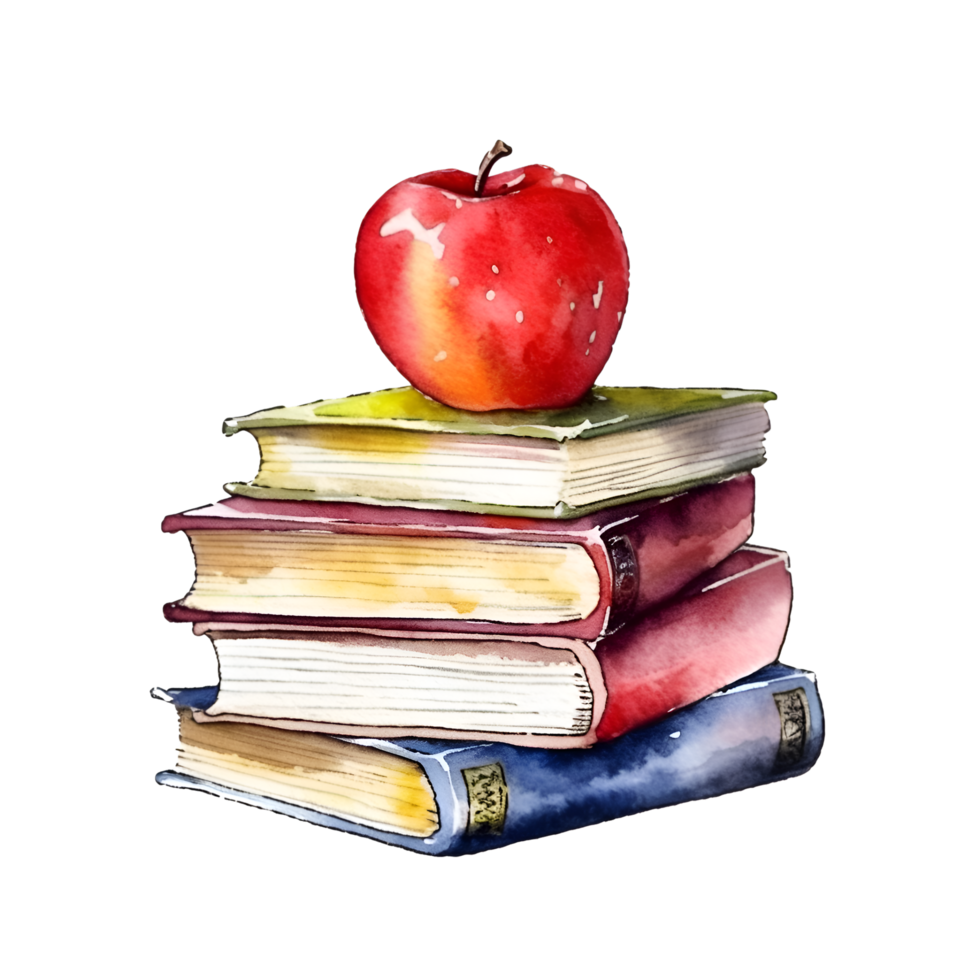 Bücher Apfel zurück zu Schule Aquarell Clip Art ai generiert png