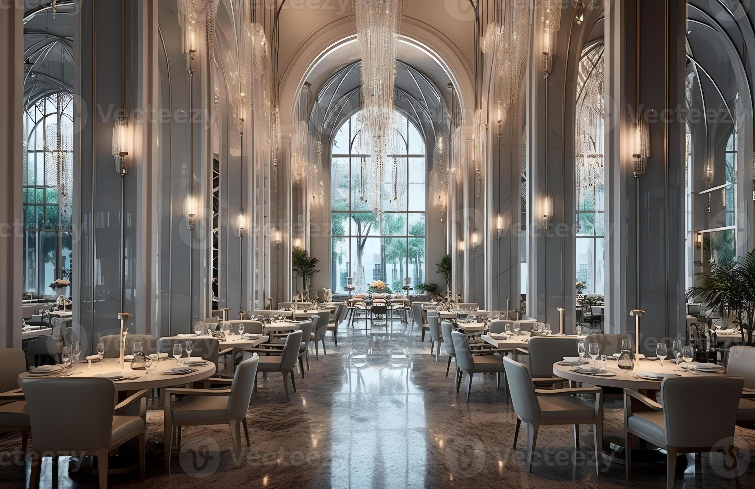AI Generative Tables and chairs in large luxury hotel restaurant with