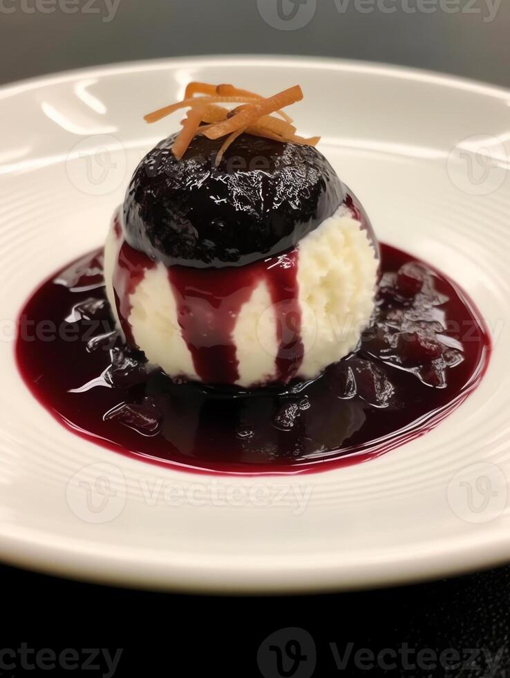 AI Generative Vanilla mousse la carte dessert with raspberry sauce