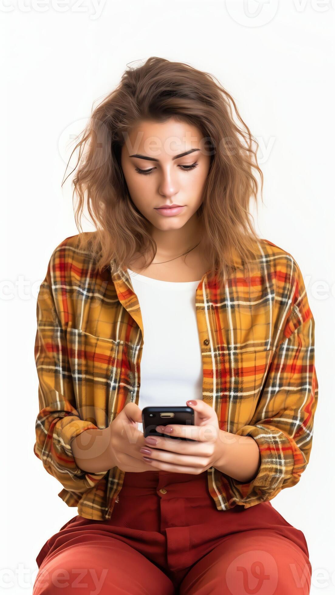 Ai Generative Annoyed Angry Young Woman Mad About Spam Message Stuck Phone Looking At Smartphone 