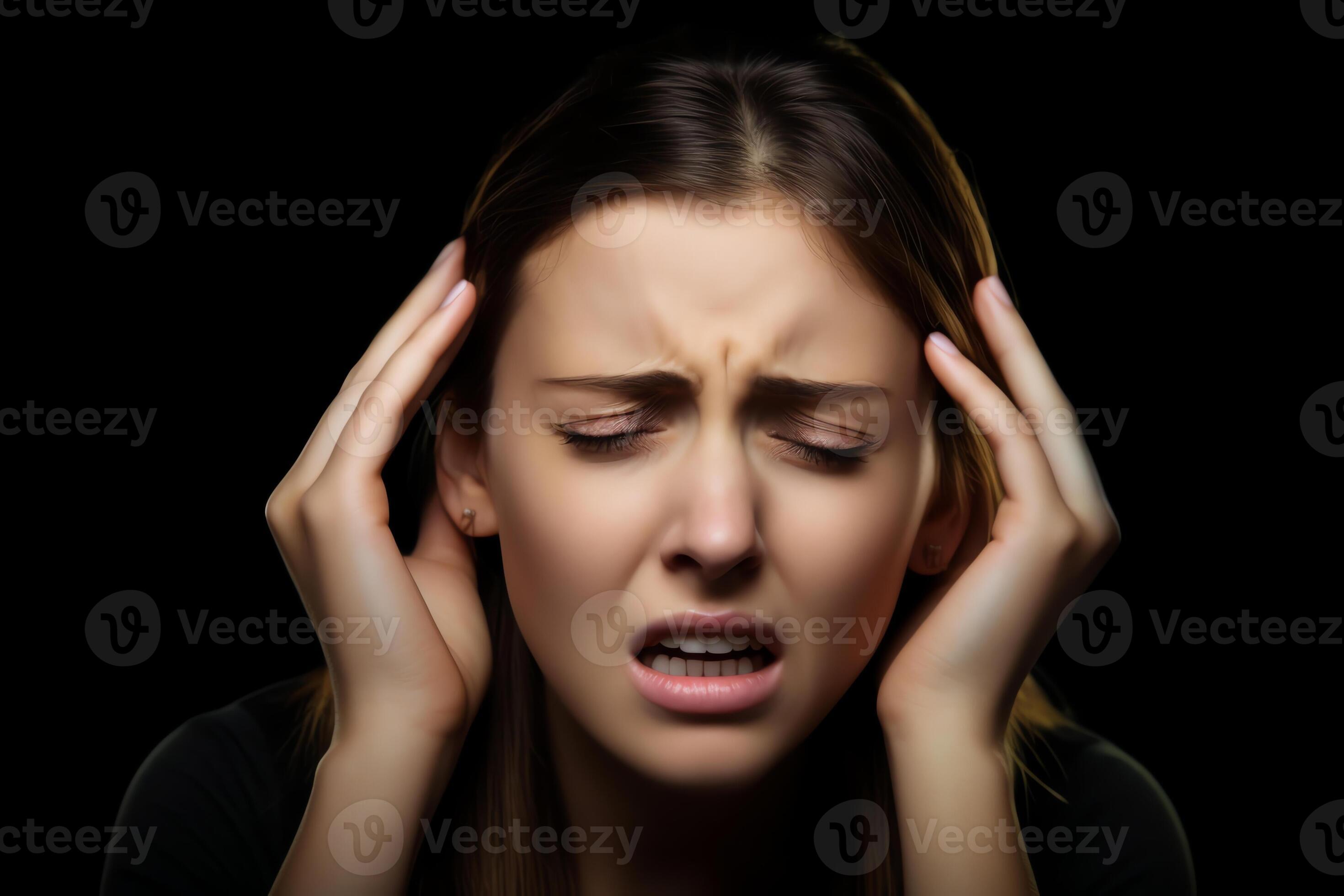 AI Generative Annoyed stressed woman cover ears feel hurt ear ache pain