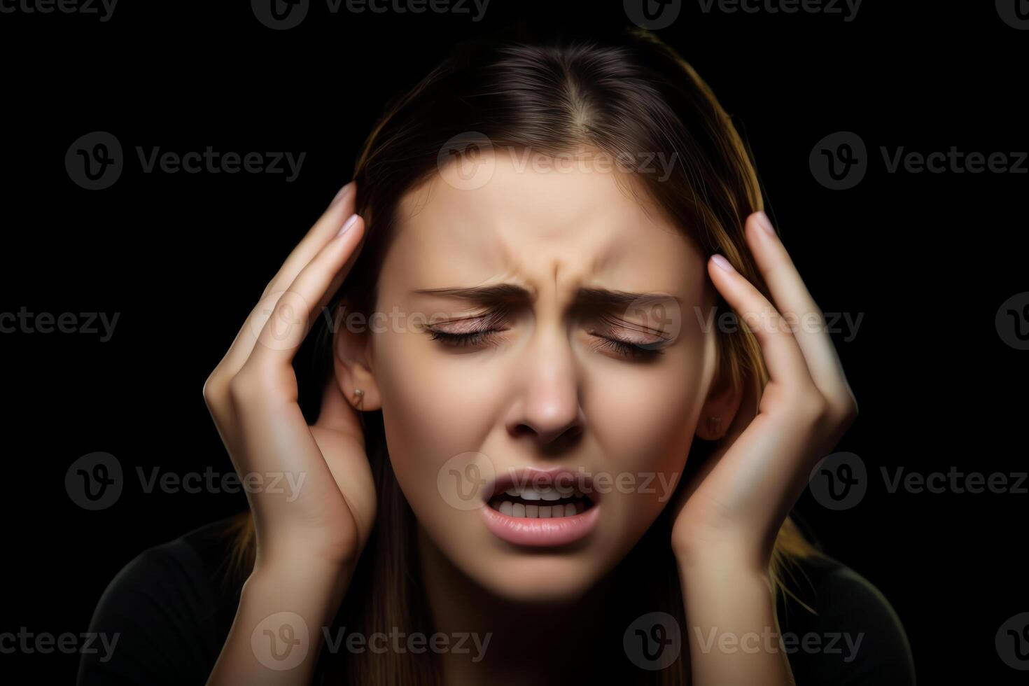 AI Generative Annoyed stressed woman cover ears feel hurt ear ache pain