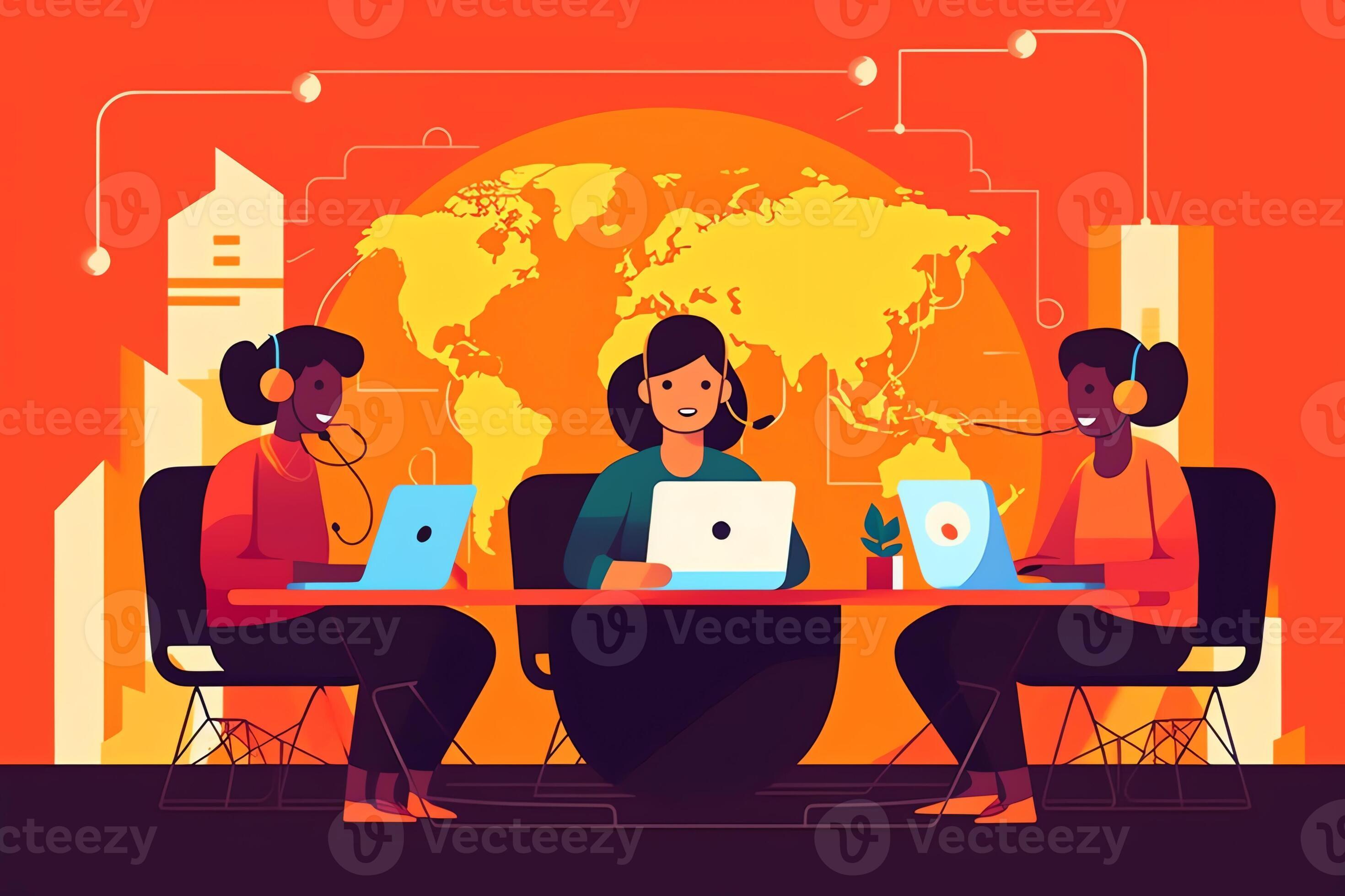 AI Generative Call center employees wearing headset using computer