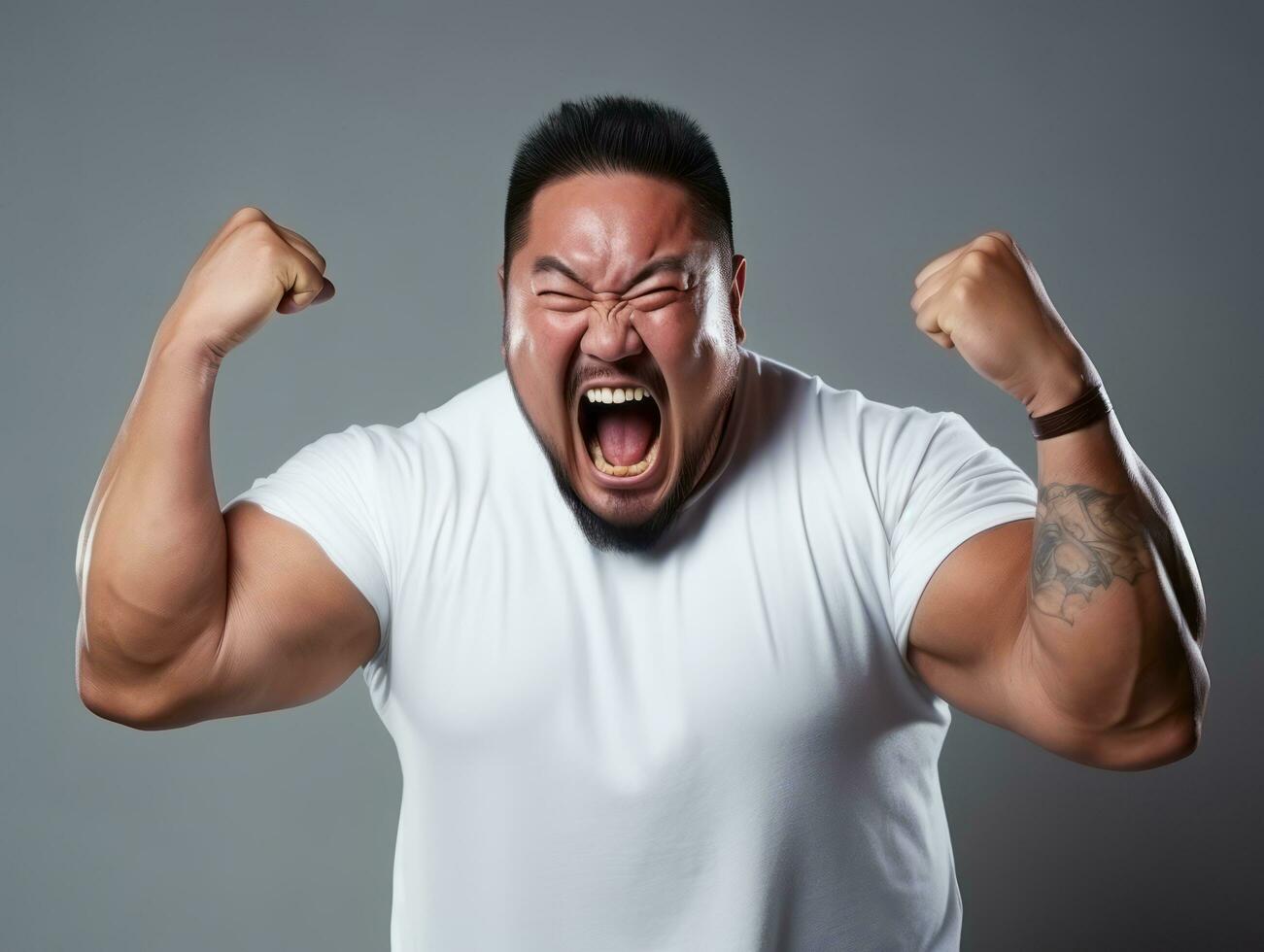 Plus size asian man emotional dynamic pose AI Generative photo
