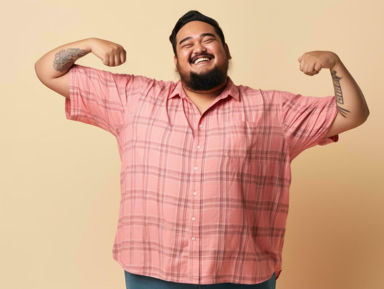 Plus size asian man emotional dynamic pose AI Generative photo