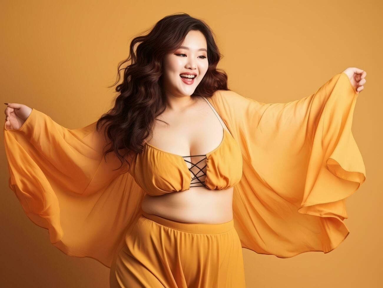 Plus size asian woman emotional dynamic pose AI Generative photo