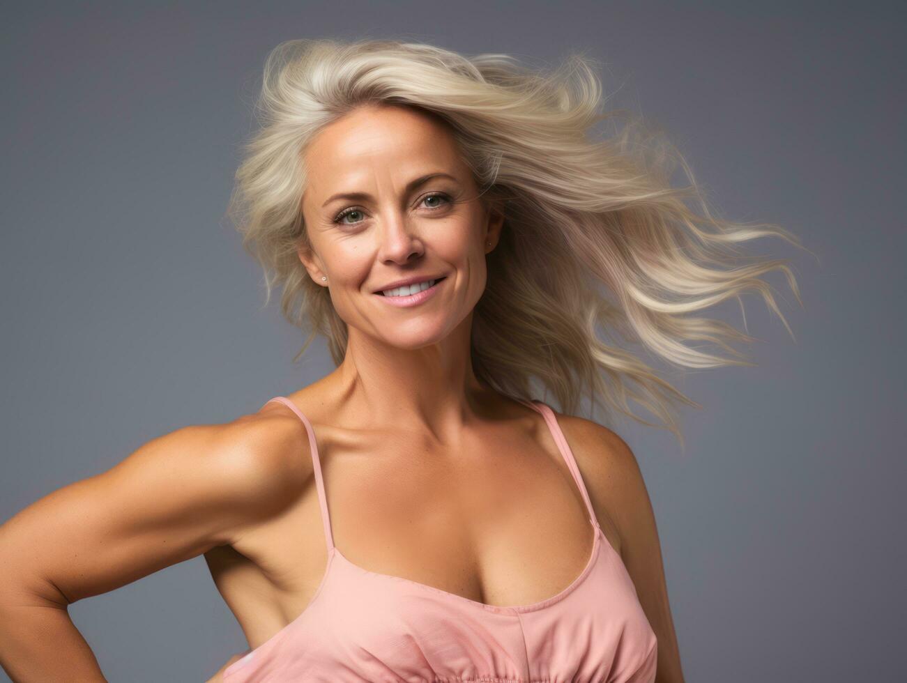 Studio shot of middle-aged woman dynamic emotional gestures AI Generative photo